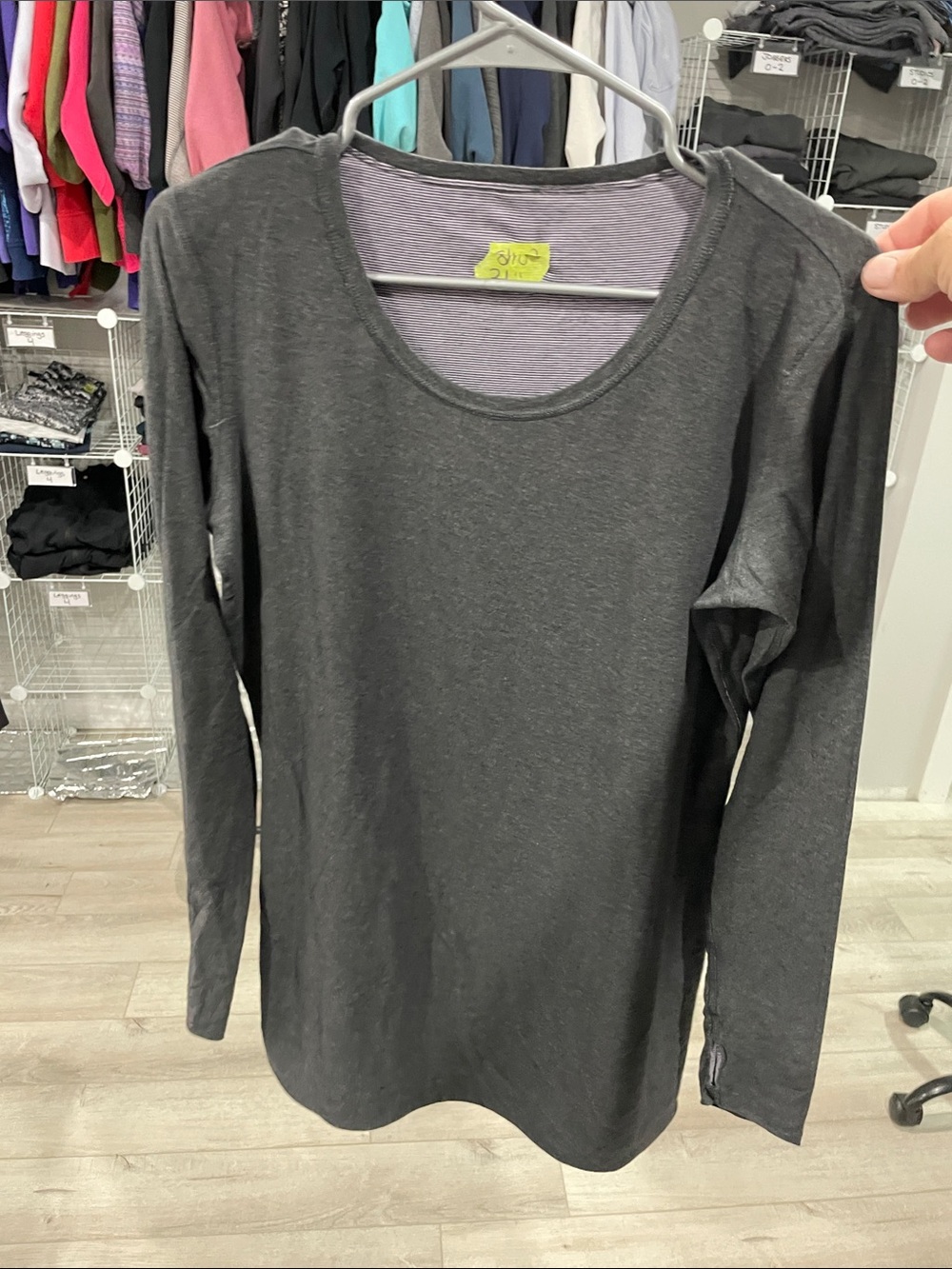 Women's Long Sleeve reversible Scoop Neck Top Charcoal Gray/purple white stripe